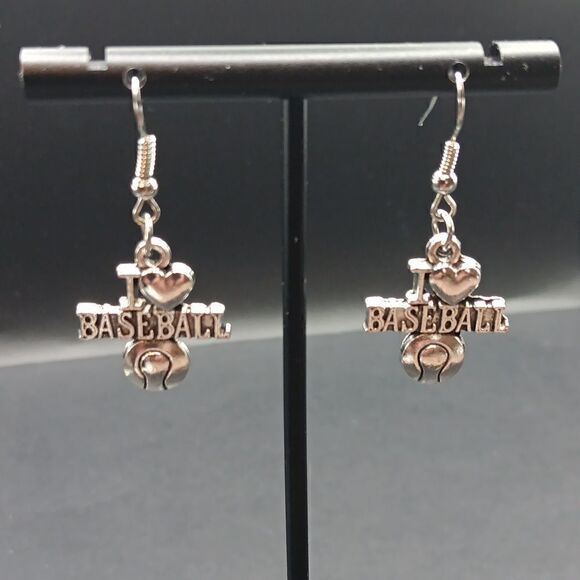 New I Love Baseball Silver Tone Charm Earrings New - Picture 1 of 5